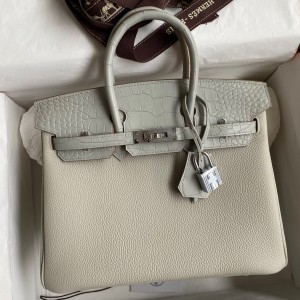 Hermes Touch Birkin 25 Bag in Pearl Grey Togo and Matte Alligator Leather