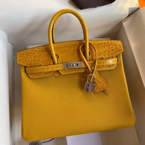 Hermes Touch Birkin 25 Bag in Yellow Togo and Matte Alligator Leather