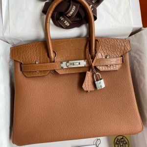 Hermes Touch Birkin 30 Bag in Gold Clemence and Matte Alligator Leather