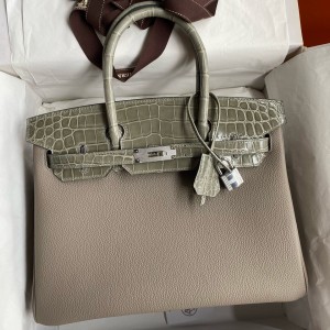 Hermes Touch Birkin 30 Bag In Gris Asphalt Clemence and Shiny Niloticus Crocodile Skin