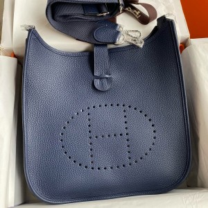 Hermes Evelyne III PM 29 Handmade Bag in Blue Saphir Clemence Leather