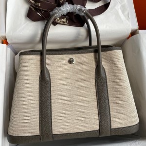 Hermes Garden Party 30 Handmade Bag in Toile and Etain Leather