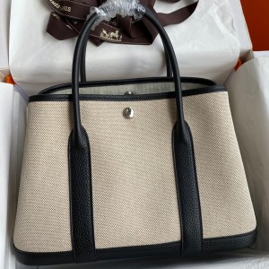 Hermes Garden Party 30 Handmade Bag in Toile and Black Leather