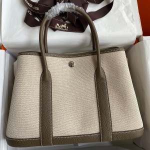 Hermes Garden Party 30 Handmade Bag in Toile and Taupe Leather