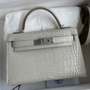 Hermes Kelly Mini II Sellier Handmade Bag In Grey Matte Alligator Leather