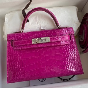 Hermes Kelly Mini II Sellier Handmade Bag In Rose Scheherazade Shiny Alligator Leather