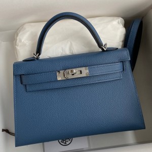 Hermes Kelly Mini II Sellier Handmade Bag In Blue Agate Epsom Calfskin