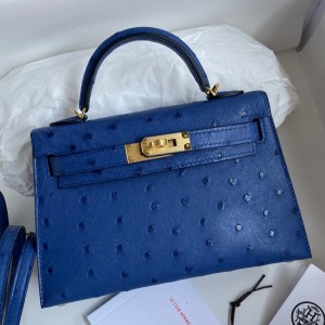 Hermes Kelly Mini II Sellier Handmade Bag In Blue Electric Ostrich Leather