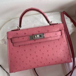 Hermes Kelly Mini II Sellier Handmade Bag In Bubblegum Ostrich Leather