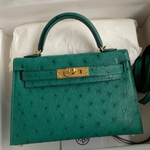Hermes Kelly Mini II Sellier Handmade Bag In Vert Vertigo Ostrich Leather