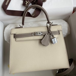 Hermes Kelly Sellier 25 Bicolor Bag in Craie and Gris Asphalt Epsom Calfskin