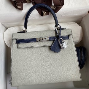 Hermes Kelly Sellier 25 Bicolor Bag in Pearl Grey and Blue Mysore Goatskin