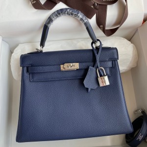 Hermes Kelly Retourne 25 Handmade Bag In Blue Saphir Clemence Leather