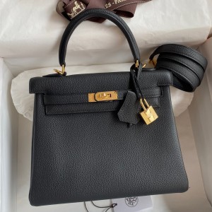 Hermes Kelly Retourne 25 Handmade Bag In Black Clemence Leather
