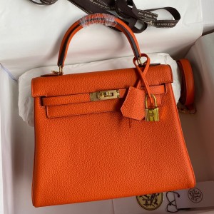 Hermes Kelly Retourne 25 Handmade Bag In Orange Clemence Leather