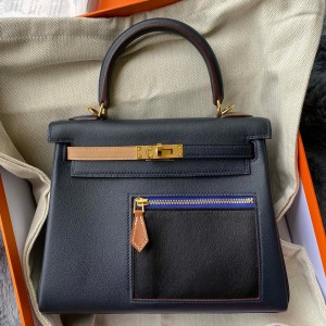 Hermes Kelly Colormatic 25 Handmade Bag in Blue Nuit Swift Leather 