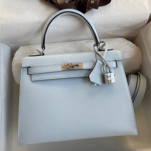 Hermes Kelly Sellier 25 Handmade Bag In Blue Brume Epsom Calfskin