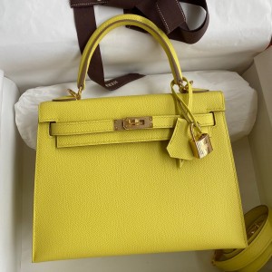 Hermes Kelly Sellier 25 Handmade Bag In Lime Epsom Calfskin