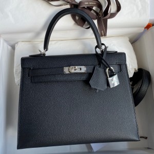 Hermes Kelly Sellier 25 Handmade Bag In Black Epsom Calfskin 