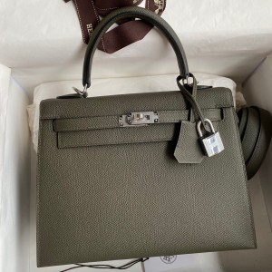 Hermes Kelly Sellier 25 Handmade Bag In Vert De Gris Epsom Calfskin