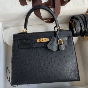 Hermes Kelly Sellier 25 Handmade Bag In Black Ostrich Leather