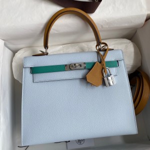 Hermes Kelly Sellier 25 Tricolor Bag in Blue/Green/SesameEpsom Calfskin