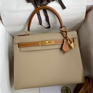 Hermes Kelly Sellier 28 Bicolor Bag in Trench and Gold Epsom Calfskin