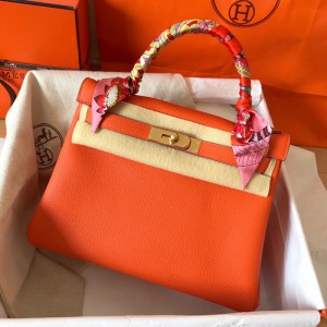 Hermes Kelly Retourne 28 Handmade Bag In Orange Clemence Leather