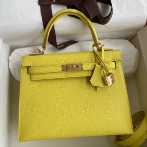 Hermes Kelly Sellier 28 Handmade Bag In Lime Epsom Calfskin 