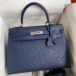 Hermes Kelly Sellier 32 Handmade Bag In Blue Iris Ostrich Leather