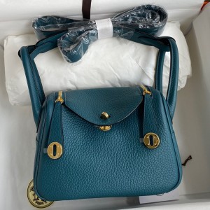 Hermes Mini Lindy Handmade Bag In Vert Bosphore Clemence Leather