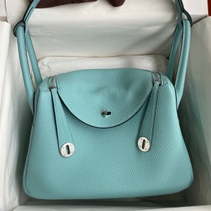 Hermes Lindy 30 Handmade Bag In Blue Atoll Clemence Leather