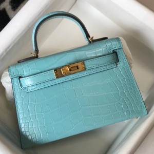 Hermes Kelly Mini II Bag In Blue Atoll Embossed Crocodile Leather
