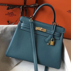 Hermes Kelly 28cm Retourne Bag In Blue Jean Clemence Leather