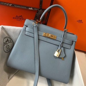 Hermes Kelly 28cm Retourne Bag In Blue Lin Clemence Leather