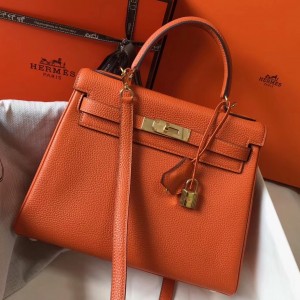 Hermes Kelly 28cm Retourne Bag In Orange Clemence Leather