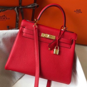 Hermes Kelly 28cm Retourne Bag In Red Clemence Leather