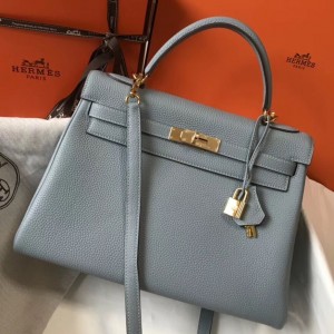 Hermes Kelly 32cm Retourne Bag In Blue Lin Clemence Leather