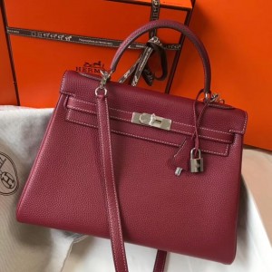 Hermes Kelly 32cm Retourne Bag In Bordeaux Clemence Leather
