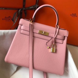 Hermes Kelly 32cm Retourne Bag In Pink Clemence Leather