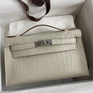 Hermes Kelly Pochette Handmade Bag In Beton Matte Alligator Leather