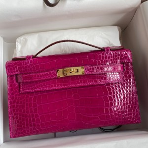 Hermes Kelly Pochette Handmade Bag In Rose Scheherazade Shiny Alligator Leather