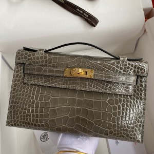 Hermes Kelly Pochette Handmade Bag In Taupe Shiny Alligator Leather
