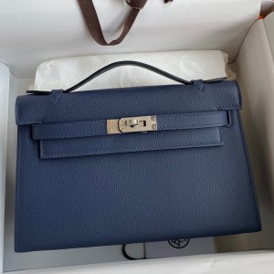 Hermes Kelly Pochette Handmade Bag In Blue Saphir Epsom Calfskin
