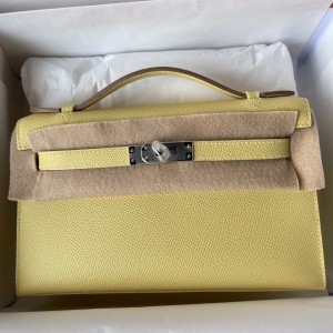 Hermes Kelly Pochette Handmade Bag In Jaune Poussin Epsom Calfskin