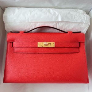 Hermes Kelly Pochette Handmade Bag In Rouge Piment Epsom Calfskin 