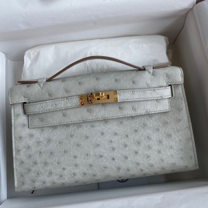 Hermes Kelly Pochette Handmade Bag In Pearl Grey Ostrich Leather