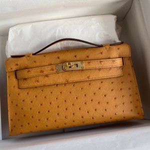 Hermes Kelly Pochette Handmade Bag In Sesame Ostrich Leather