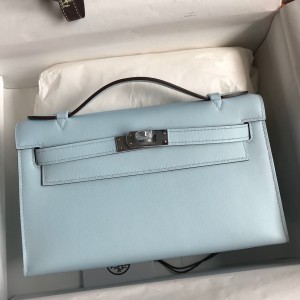 Hermes Kelly Pochette Handmade Bag In Blue Brume Swift Calfskin