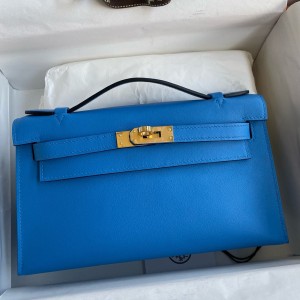 Hermes Kelly Pochette Handmade Bag In Blue Zanzibar Swift Calfskin 